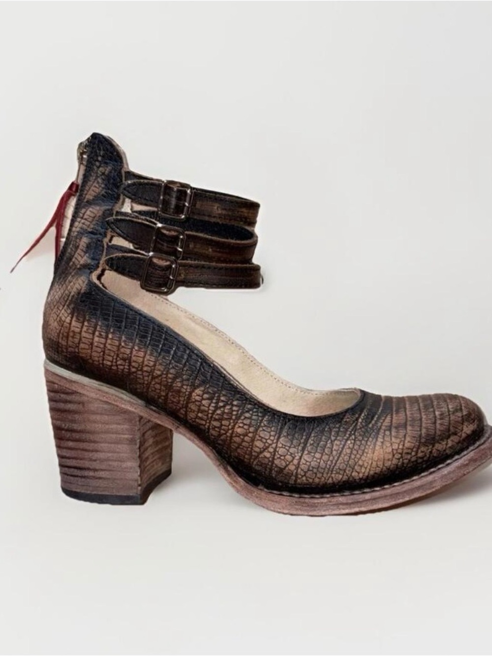 freebird Brown Croc-Embossed Block Heel Mary Jane with Triple Ankle Straps
